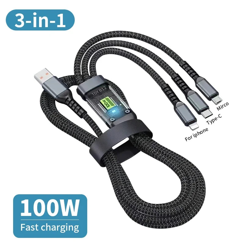 100W 3-in-1 LED Display Fast Charging Cable | Passport Gadgets